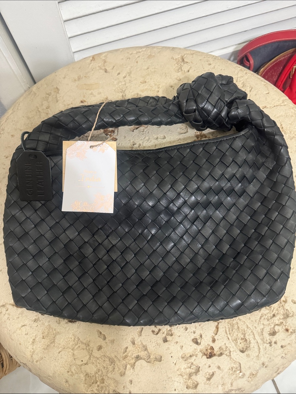 NWT Woven Black Leather Knot-Handle Hobo Bag